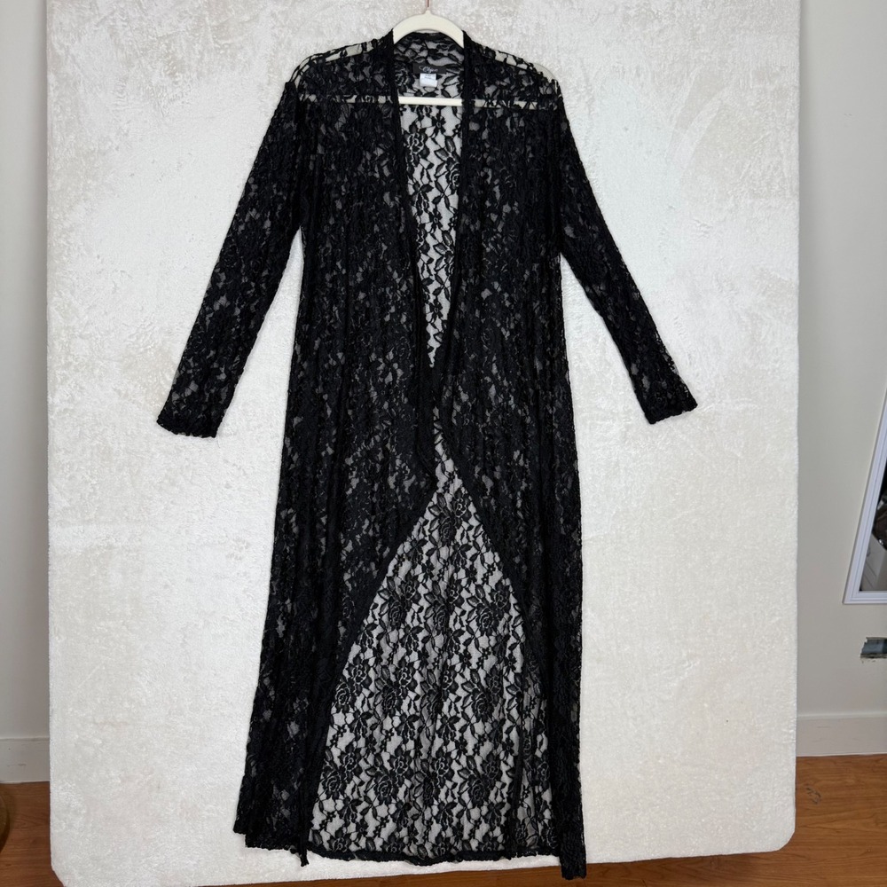 Black Floral Lace Duster Cardigan Long Sleeve Open Front Sheer Dark Fairy Goth